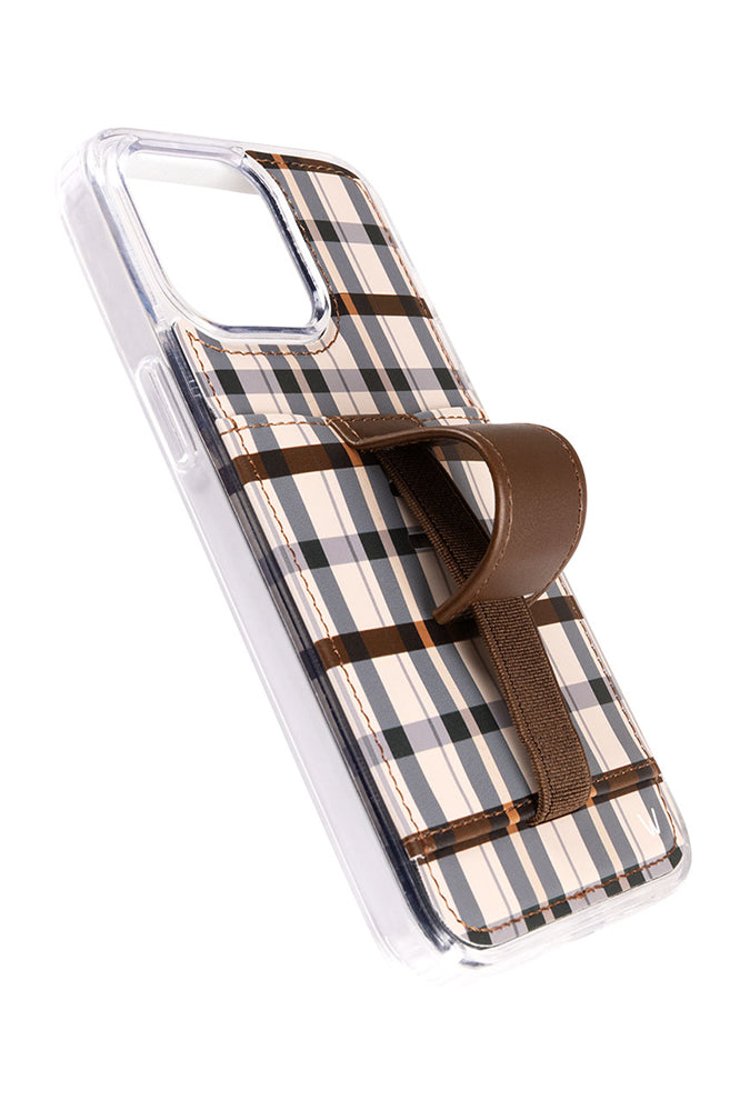 Clear phone case with brown-and-beige plaid panel and leather-look strap