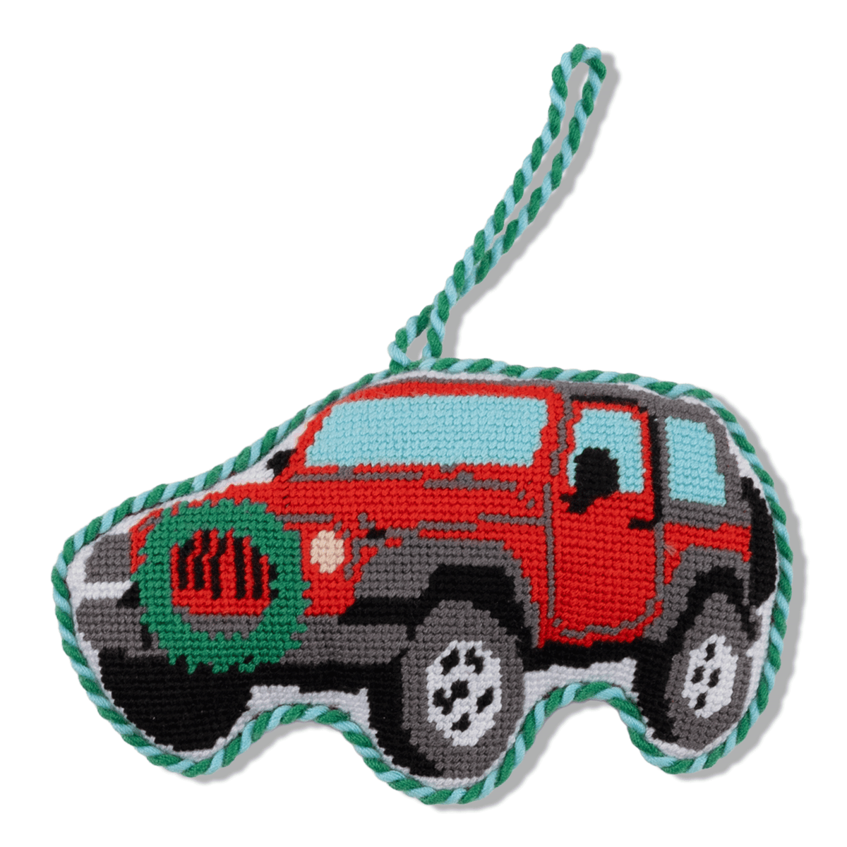 Needlepoint off-road truck icon ornament, red truck with green-and-white trim and loop