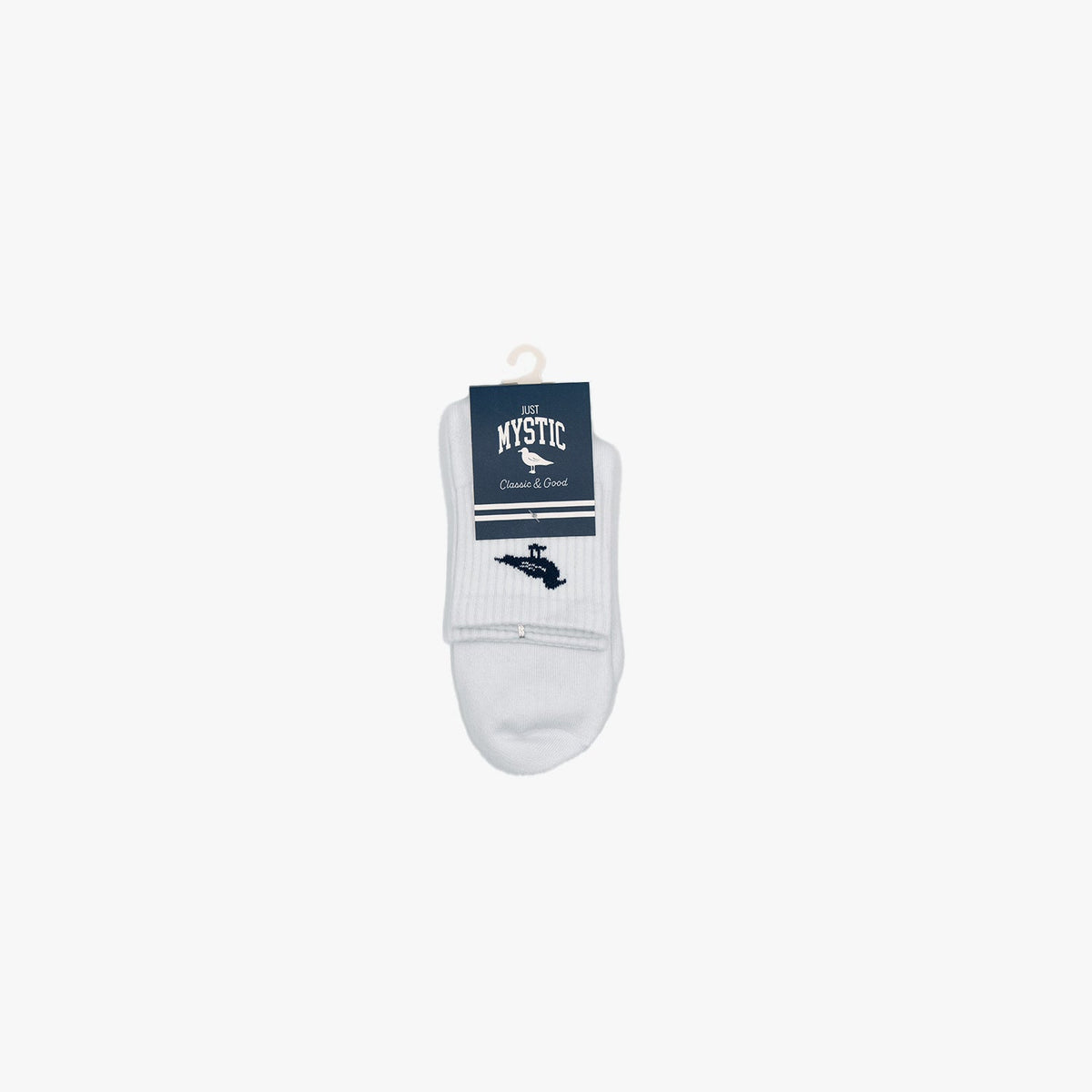 White ankle socks on hanger with MYSTIC tag and dark bird graphic