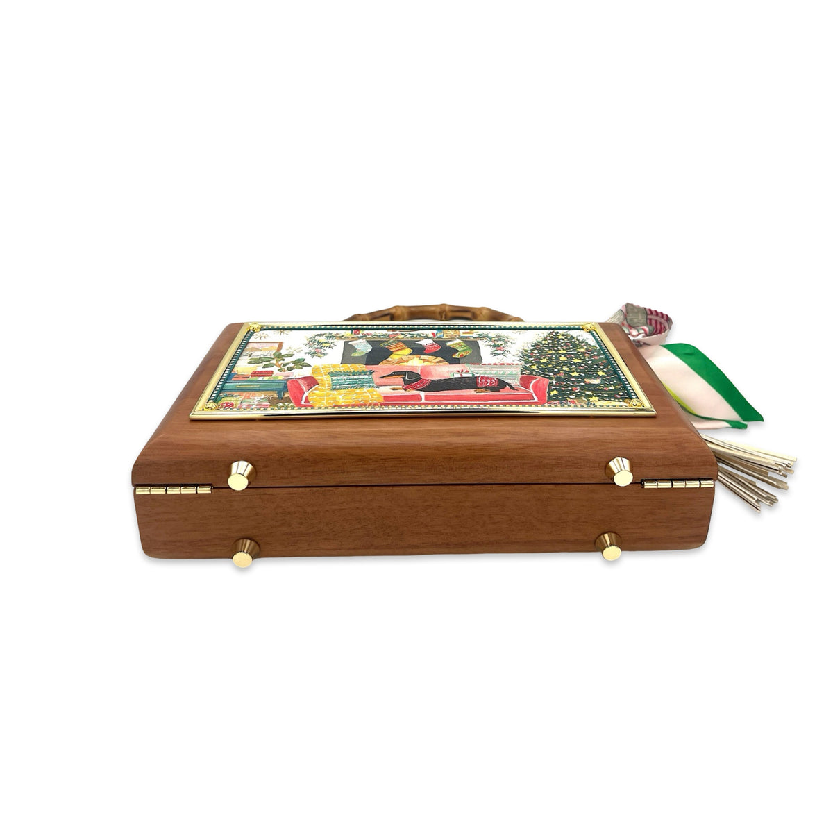 Wooden doxie bag with bamboo handle, ribbon scarf, and tassel accents