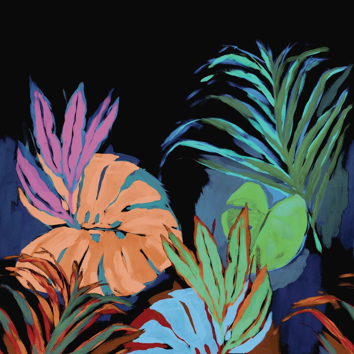 Close-up of tropical foliage and flowers on multicolor tote fabric