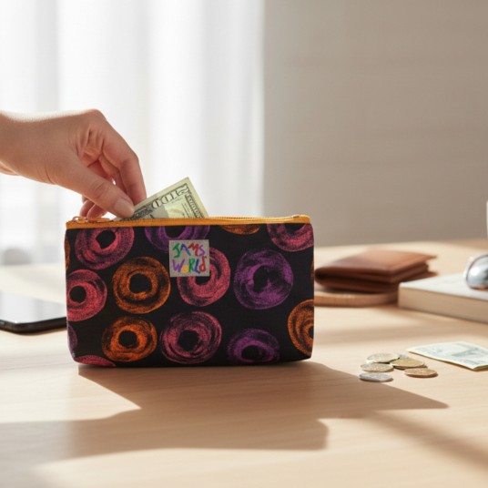 Lined zip pouch with neon donut print, gold zipper and brown fabric trim