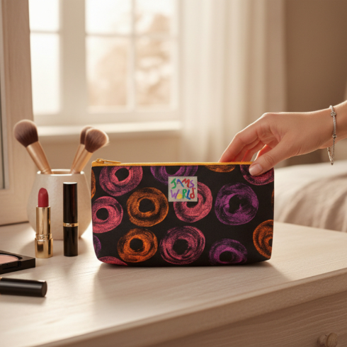 Neon donut patterned lined zip pouch with gold zipper, held upright