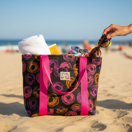 Neon donut print tote bag with pink handles and front logo patch, open top with white cloth