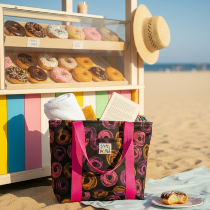 Neon donut print lined tote bag with pink handles, open top with paper and white cloth