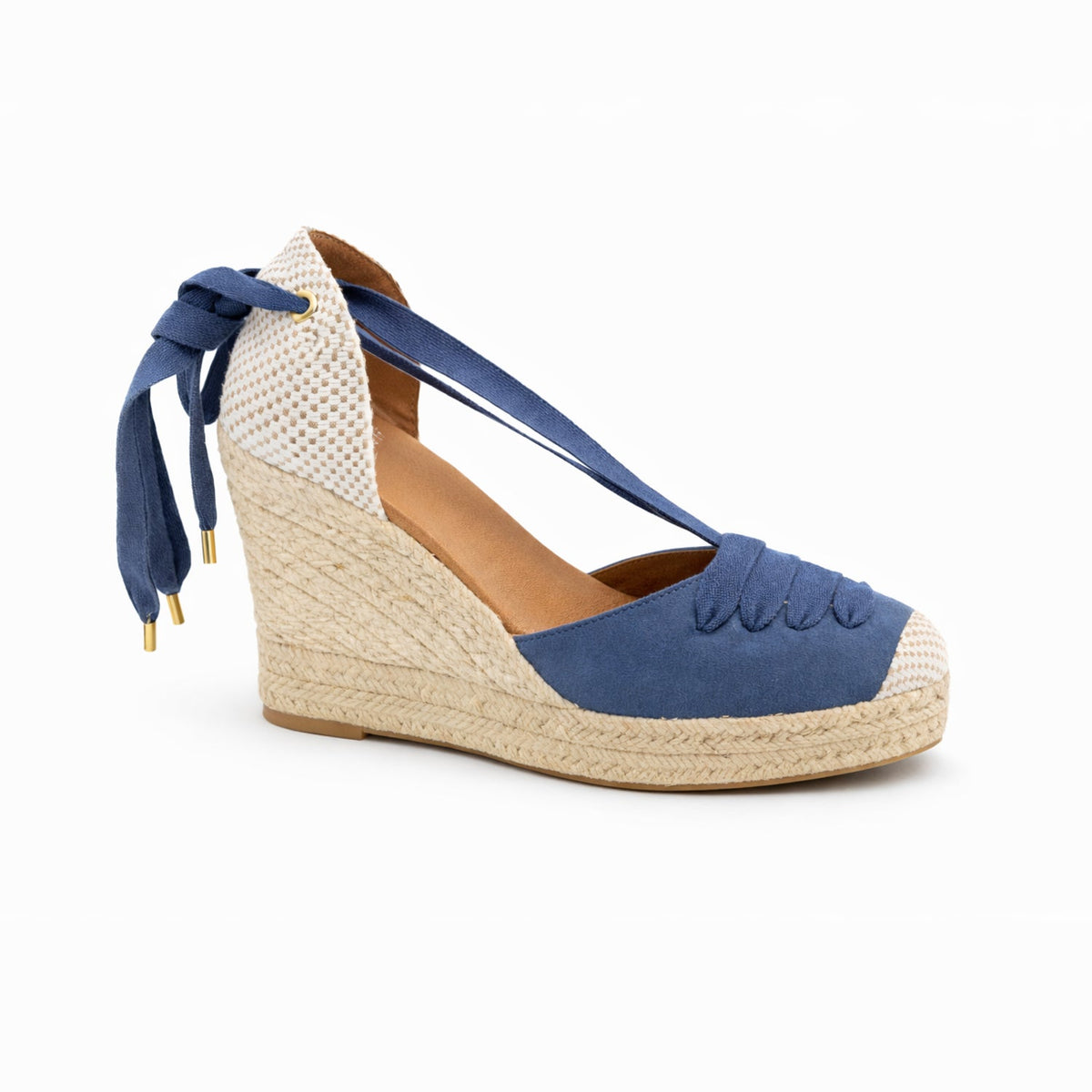 Jimena blue espadrille wedge with long ankle ties and woven toe cap