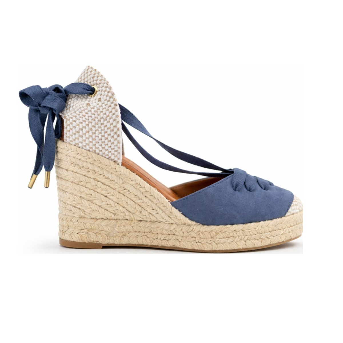 Jimena blue lace-up espadrille wedge with ankle ties and woven heel