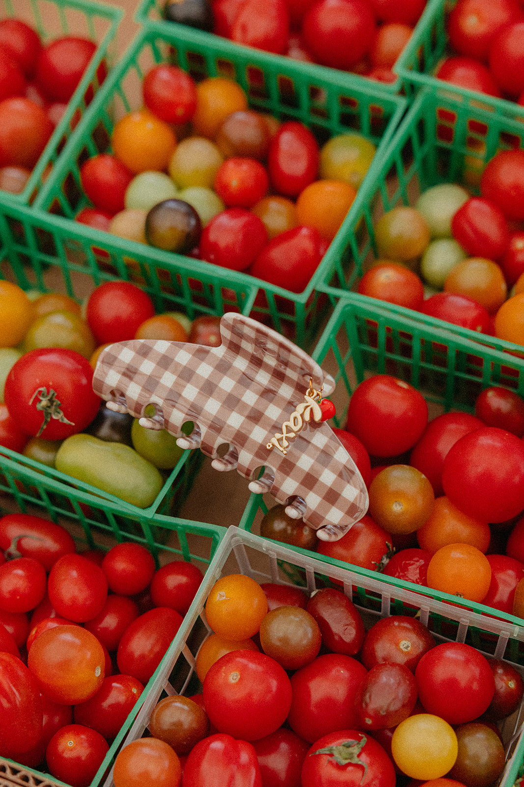Brown gingham hair claw with red tomato charm clipped on blonde hair