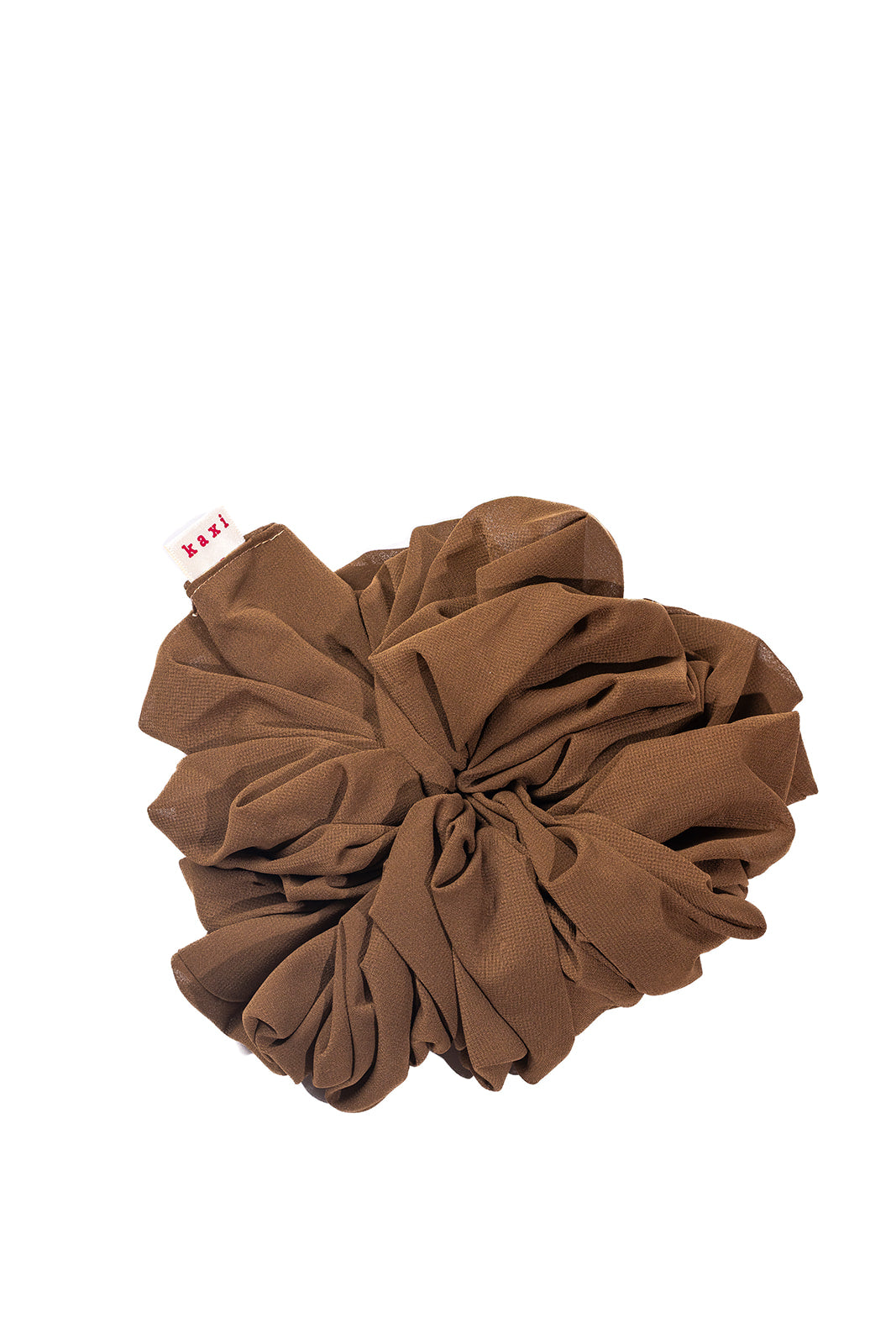 Brown jumbo scrunchie, large gathered rosette shape on a white background