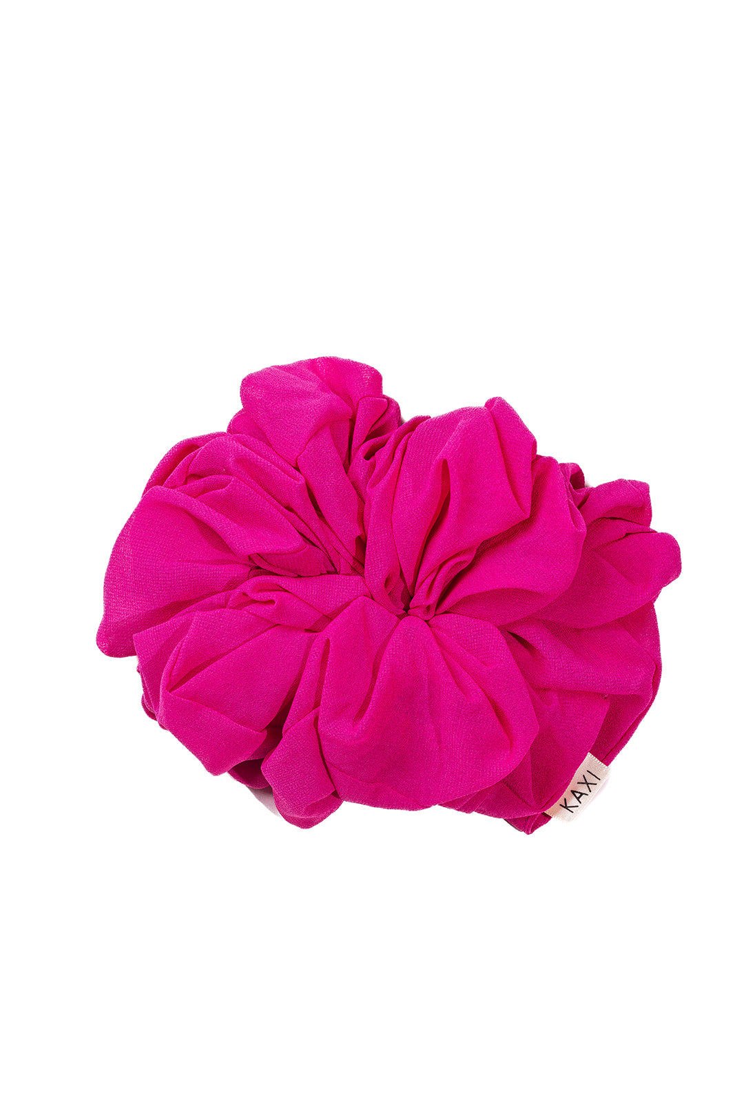 Jumbo scrunchie, hot pink scrunched fabric flower with small logo patch