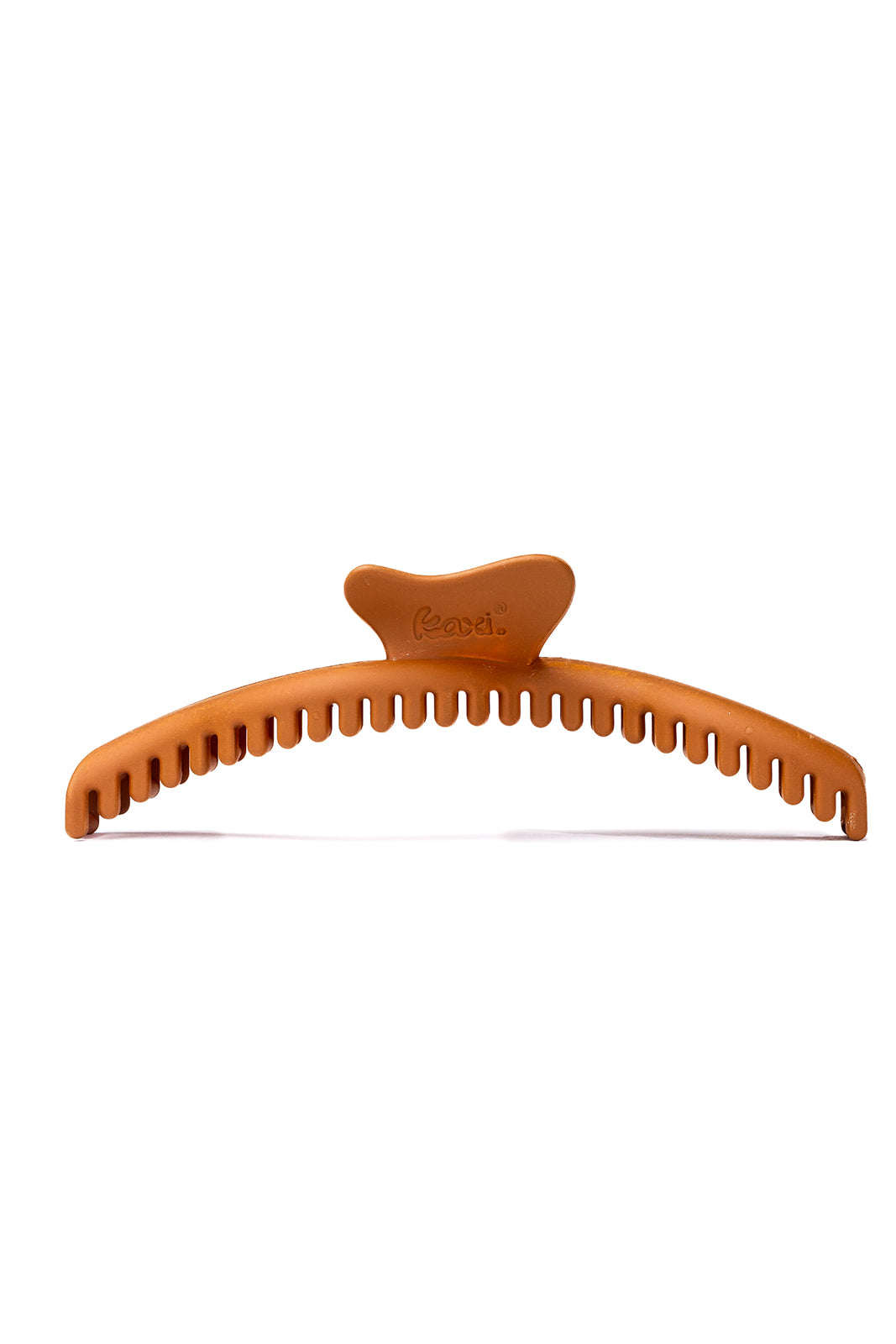 Orange-brown hair claw clip with long curved comb teeth.