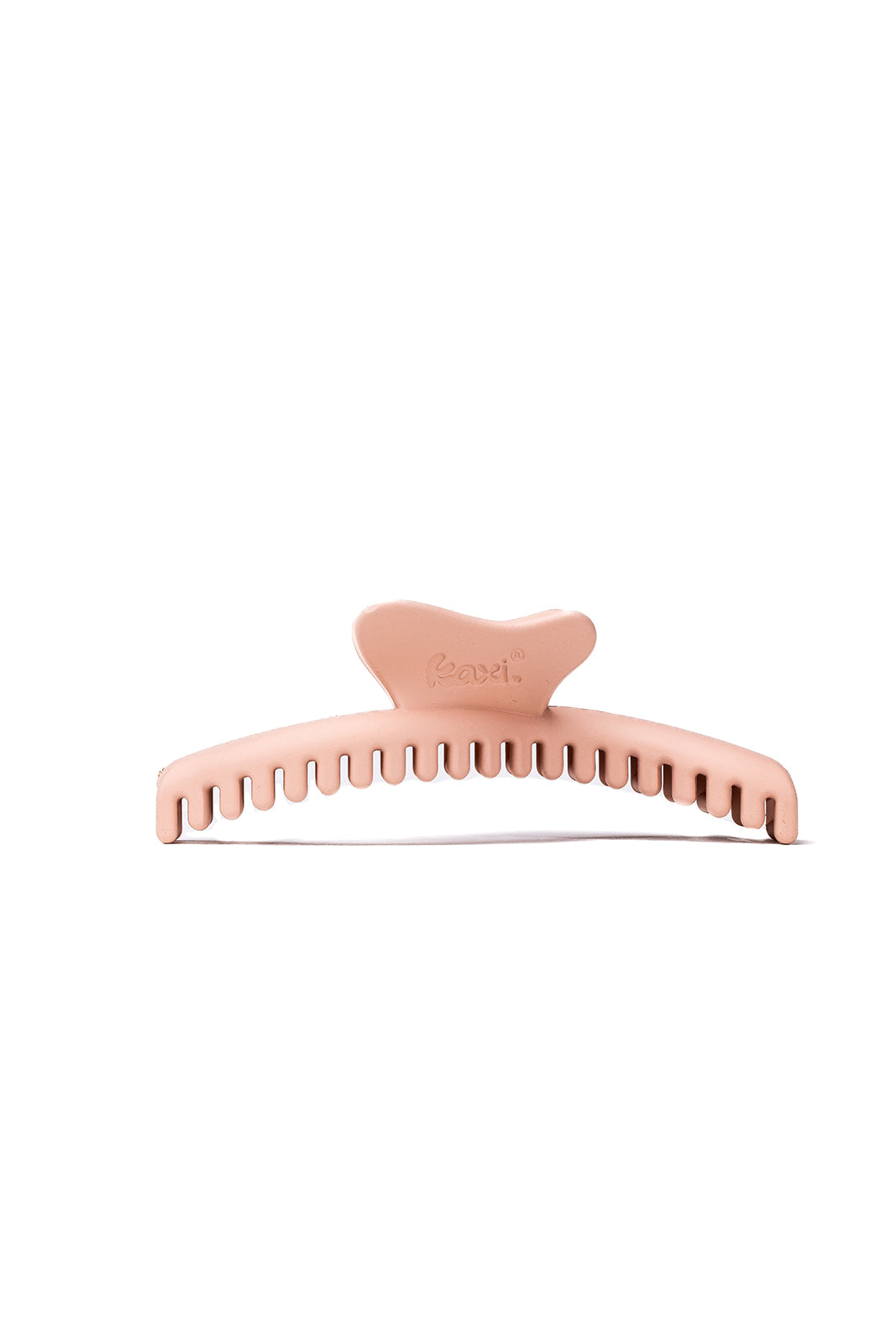 Light pink wavy hair claw comb with molded logo detail and ridges