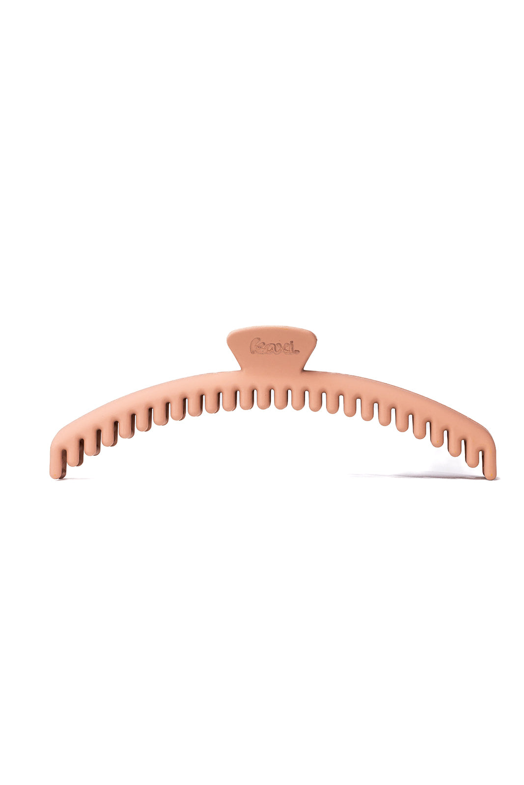 Matte hair claw clip with comb teeth, tan/beige color, top view.