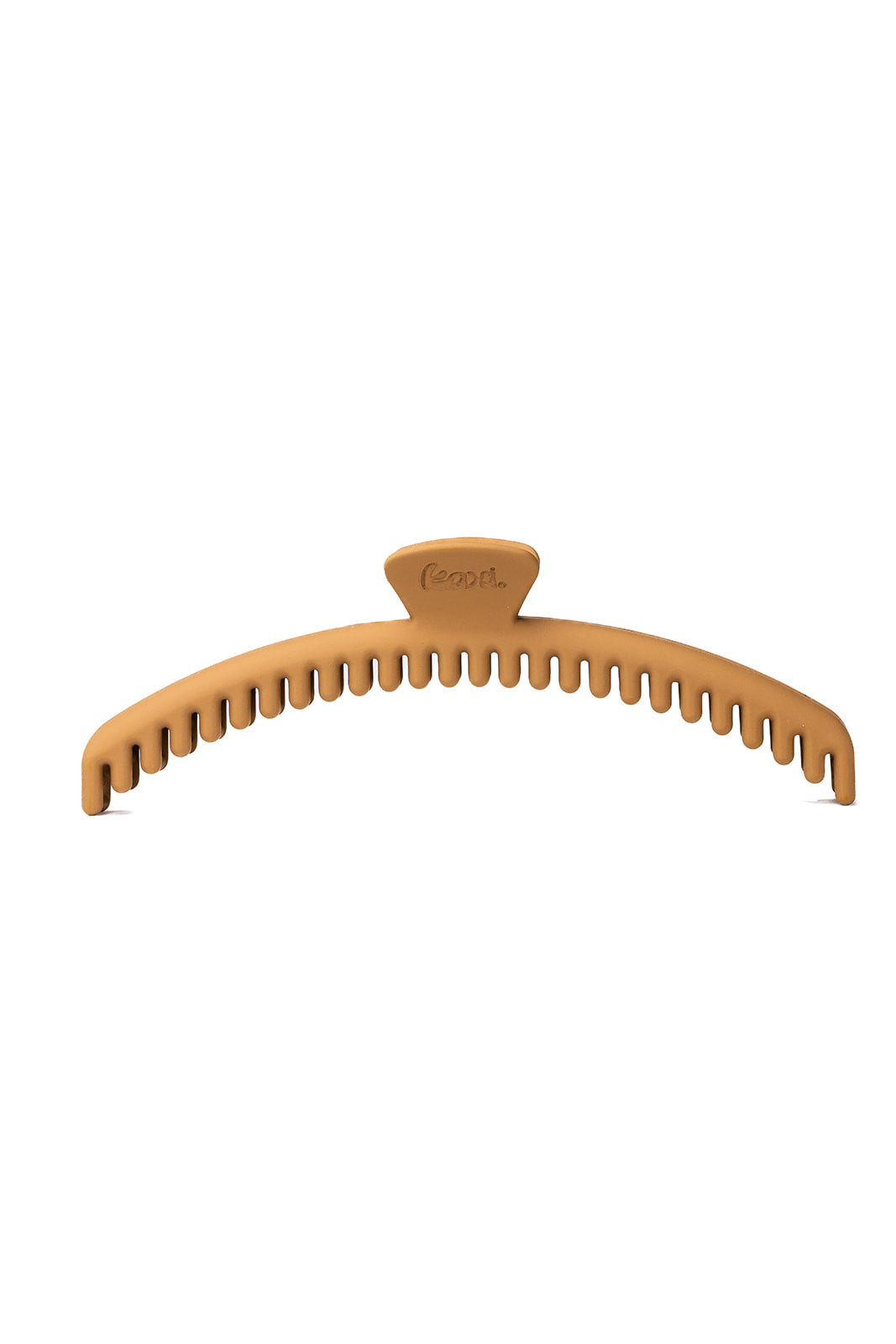 Tan matte hair claw clip with curved comb teeth and central stopper