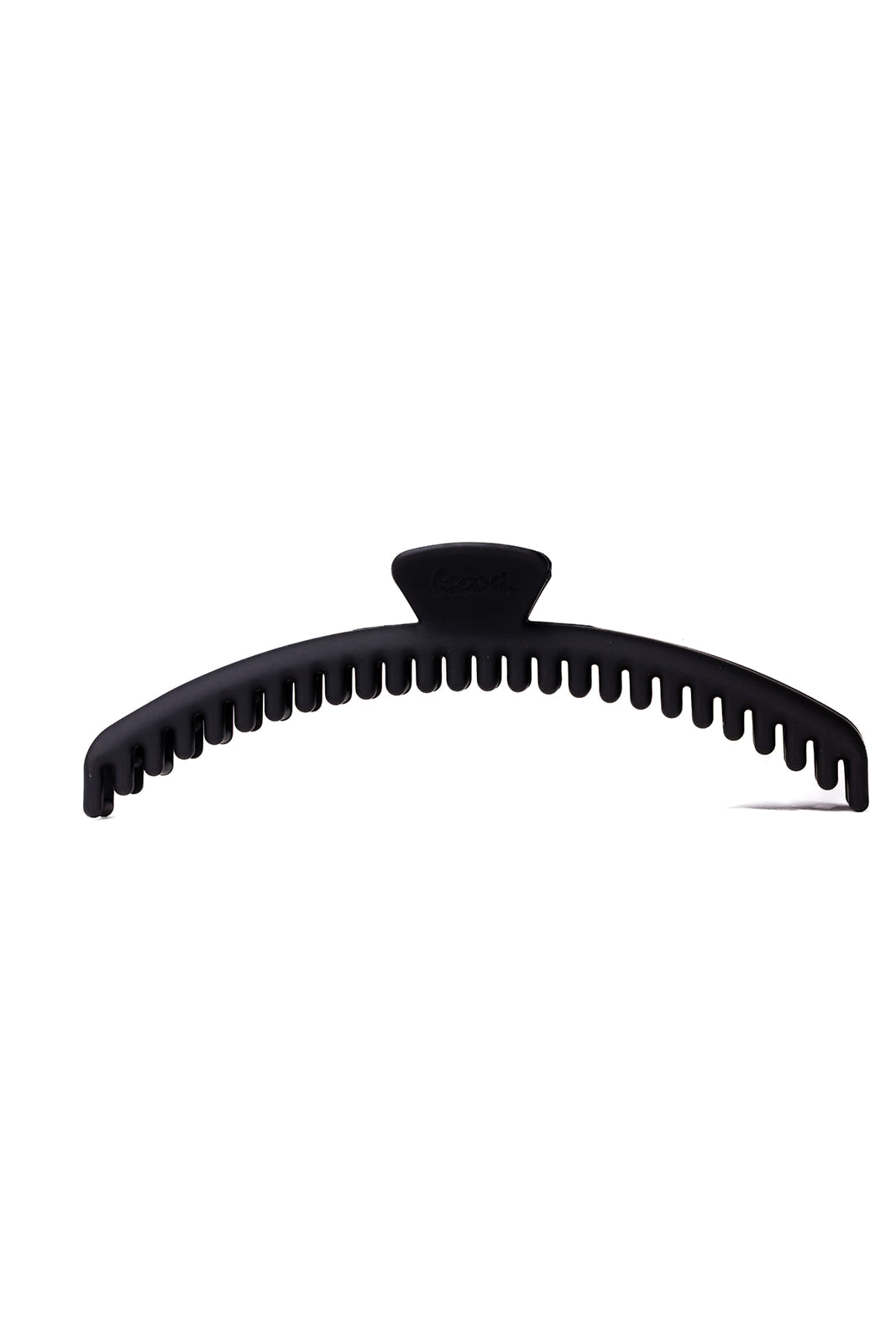 Black matte hair claw clip with curved comb teeth and central hinge