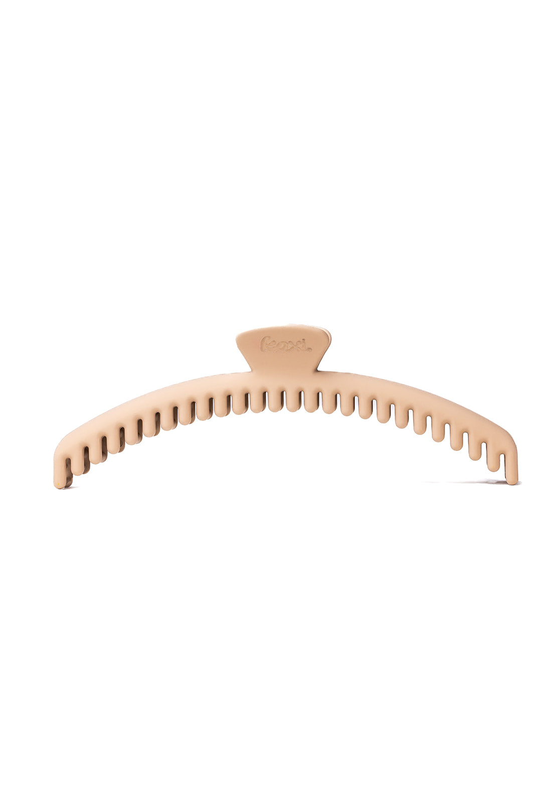 Matte hair claw clip with comb teeth, tan/beige color, front view.