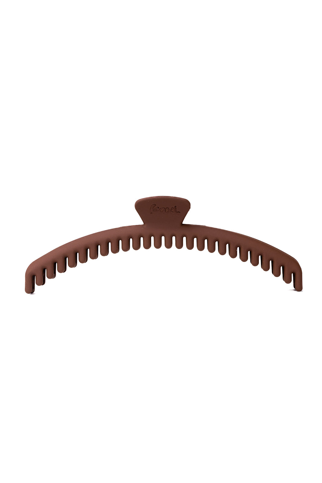 Dark brown matte hair claw clip with curved comb teeth and central stopper