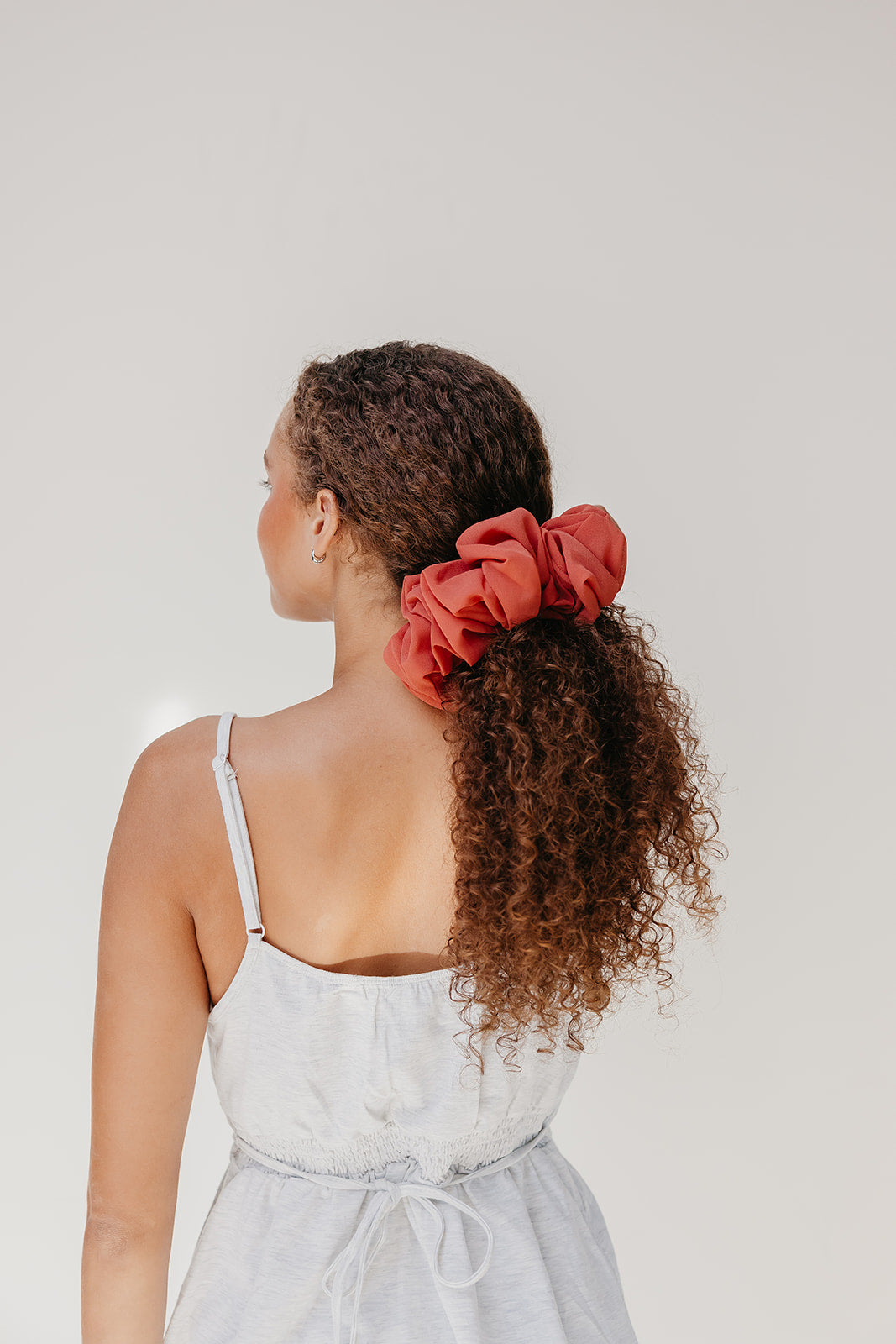 Jumbo scrunchie, large red ruffled scrunchie on ponytail