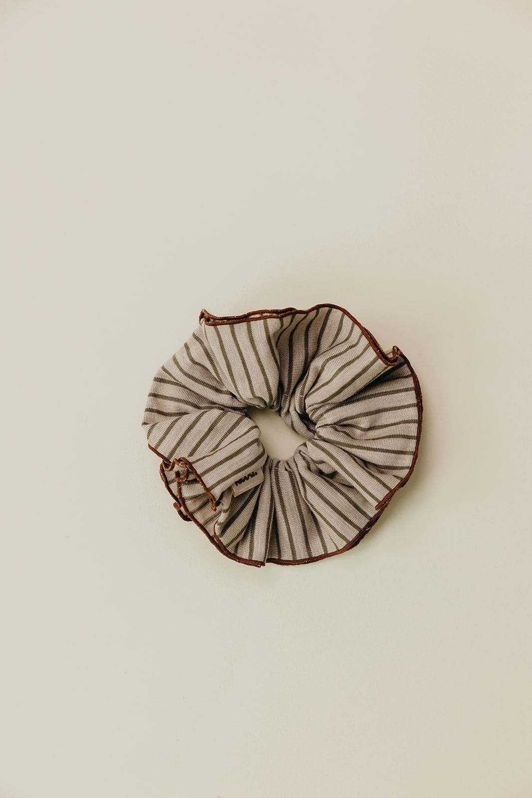 Tan and brown striped corset-style scrunchie rosette with gathered center