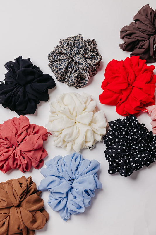 Assorted jumbo scrunchies: black, ivory, red, blue, brown, polka dot, cheetah, stripes