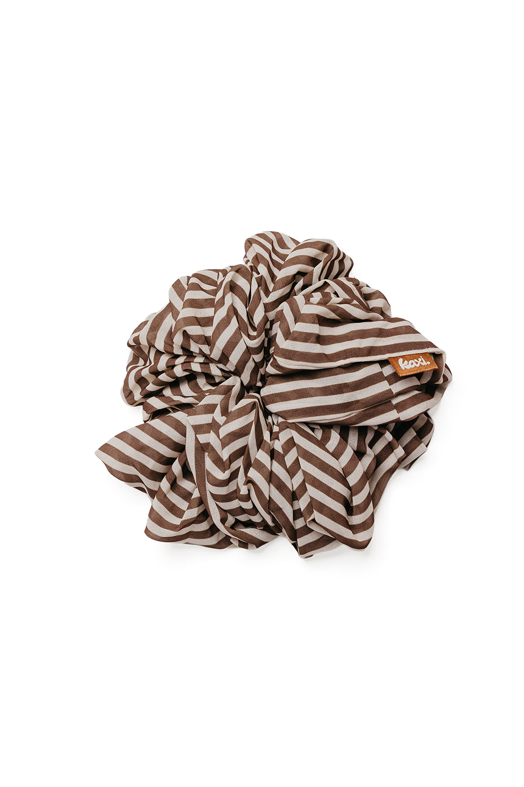 Large scrunchie with brown-and-cream striped fabric ruffle on a white background.