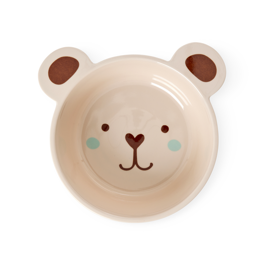 Kids melamine bowl with bear-face print, cream color, ear-shaped rim