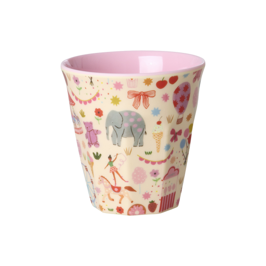 Kids melamine cup, small, pink fun fair print with animals and carnival icons