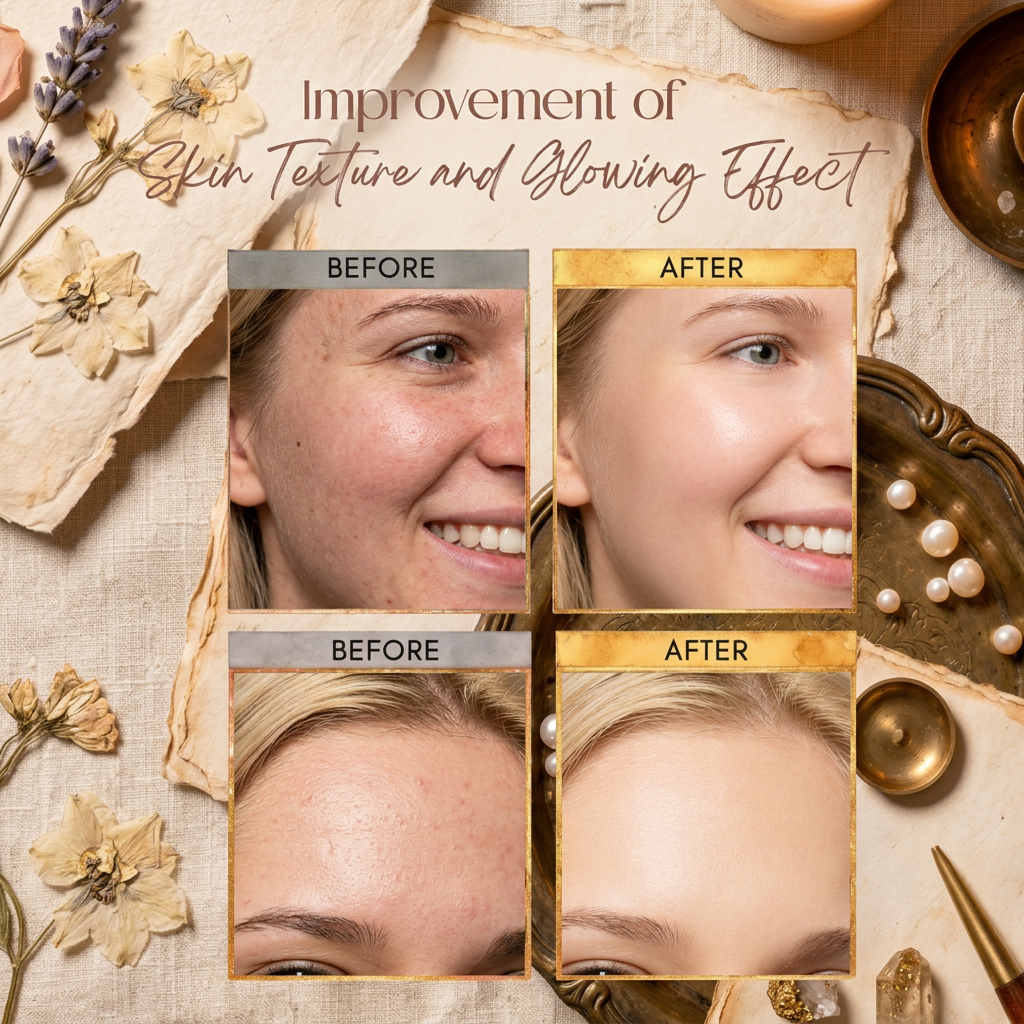 Body oil skincare graphic with before-and-after facial skin close-ups