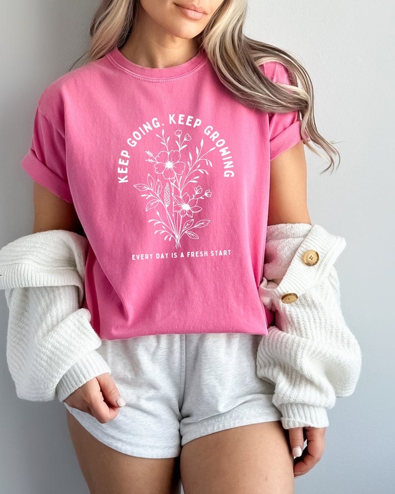 Keep Growing Botanical Garment-Dyed T-Shirt, Inspirational Plant Gift for Women
