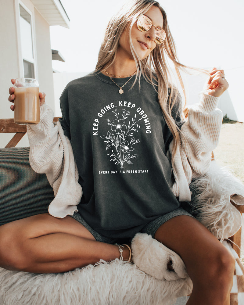 Keep Growing Botanical Garment-Dyed T-Shirt, Inspirational Plant Gift for Women
