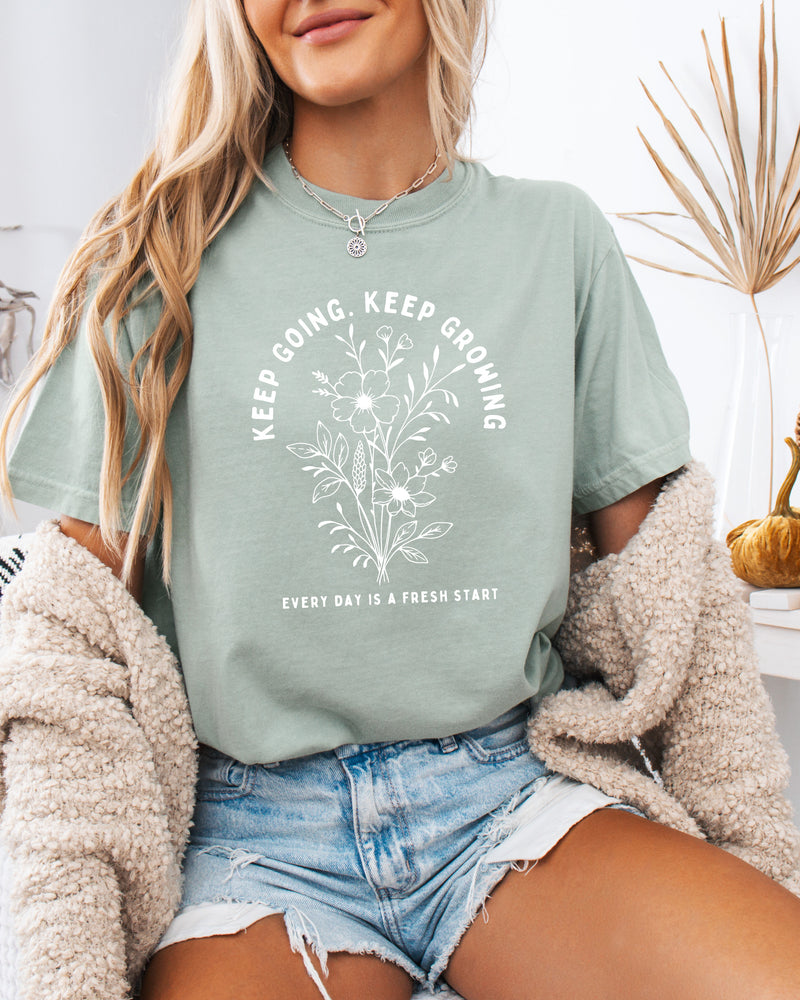 Keep Growing Botanical Garment-Dyed T-Shirt, Inspirational Plant Gift for Women