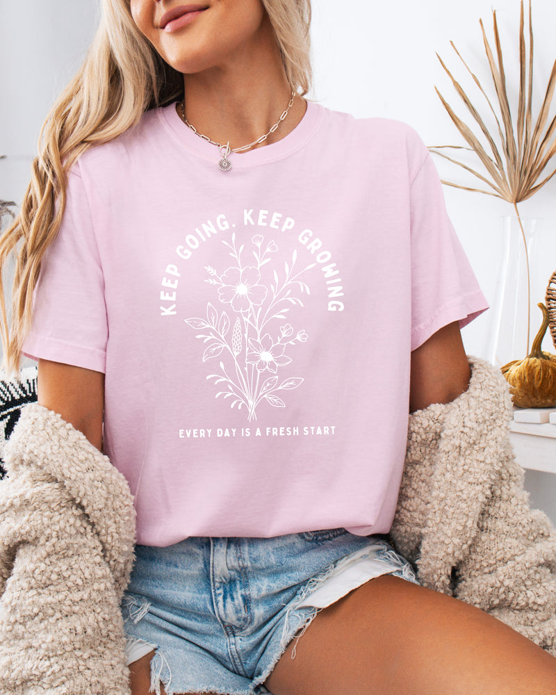 Keep Growing Botanical Garment-Dyed T-Shirt, Inspirational Plant Gift for Women