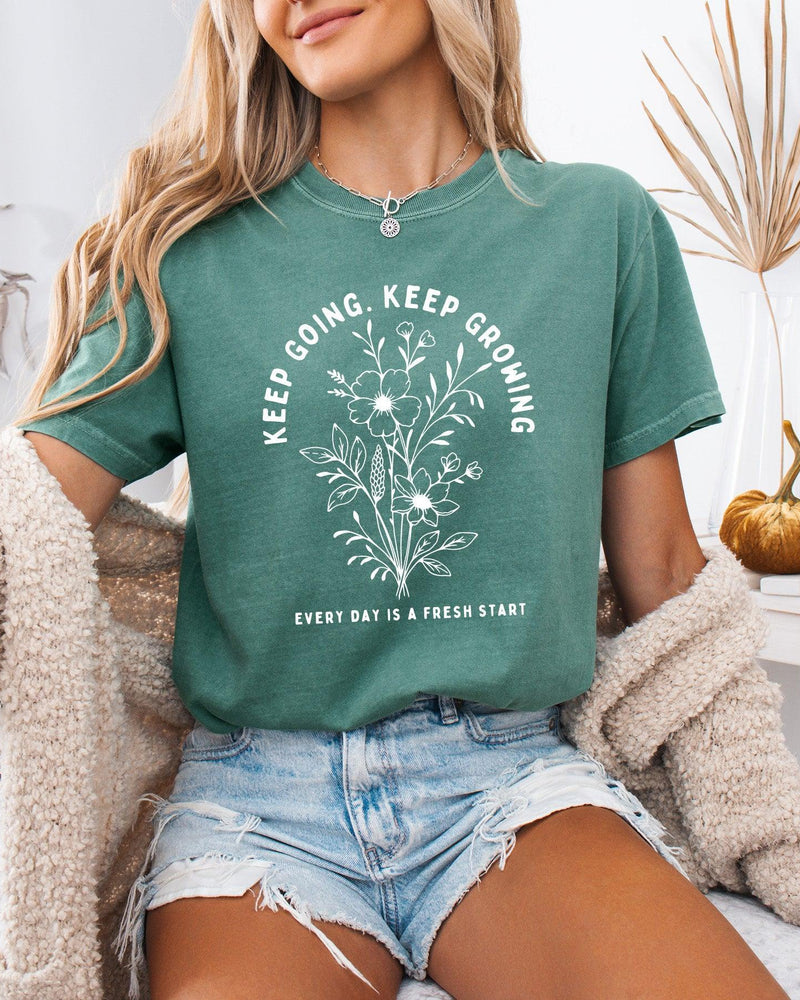 Keep Growing Botanical Garment-Dyed T-Shirt, Inspirational Plant Gift for Women