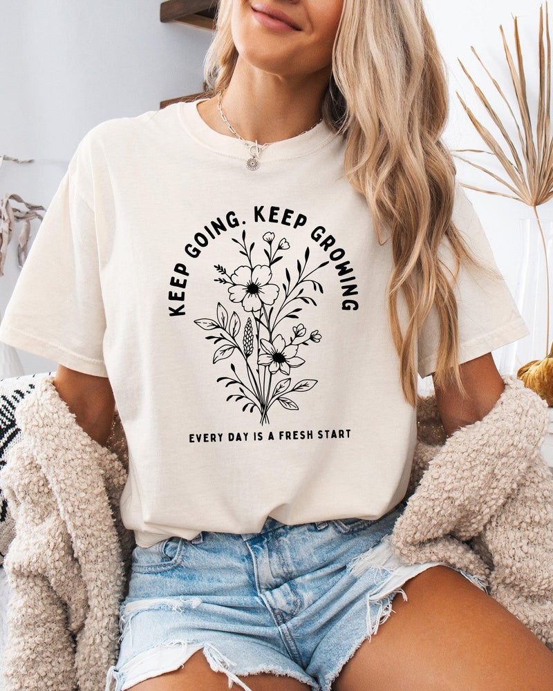 Keep Growing Botanical Garment-Dyed T-Shirt, Inspirational Plant Gift for Women