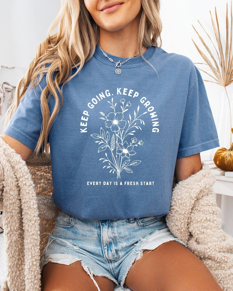 Keep Growing Botanical Garment-Dyed T-Shirt, Inspirational Plant Gift for Women