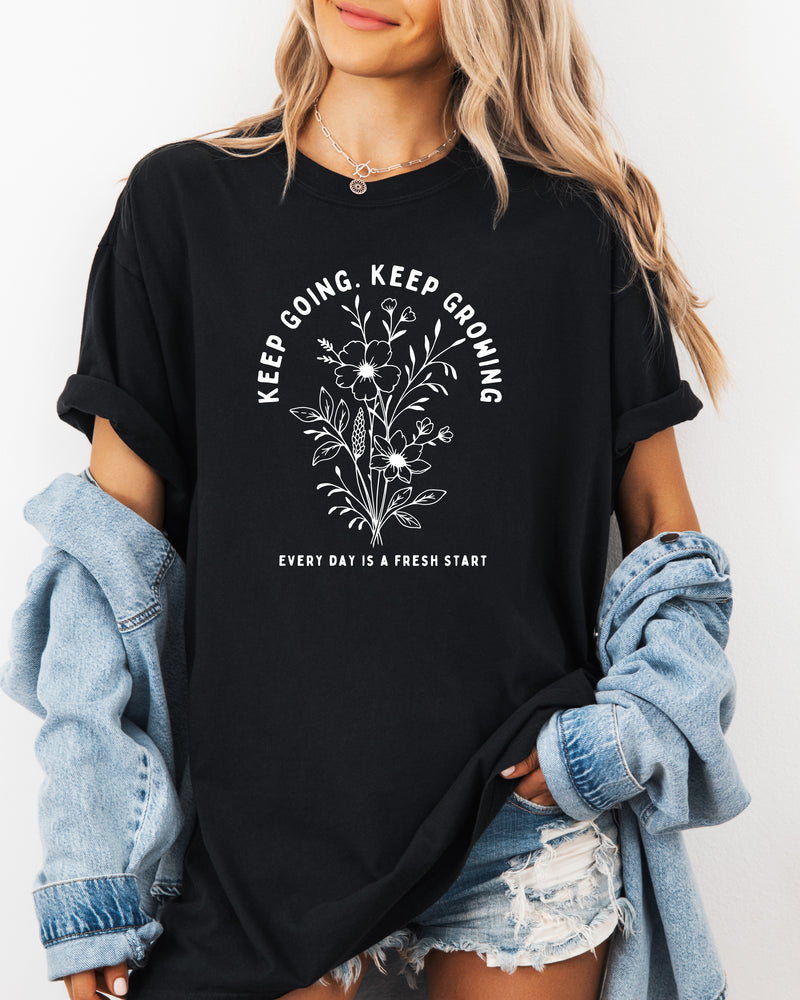 Keep Growing Botanical Garment-Dyed T-Shirt, Inspirational Plant Gift for Women