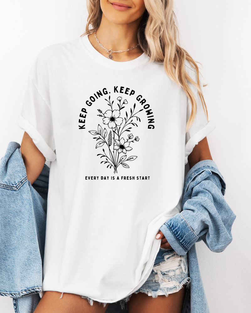 Keep Growing Botanical Garment-Dyed T-Shirt, Inspirational Plant Gift for Women