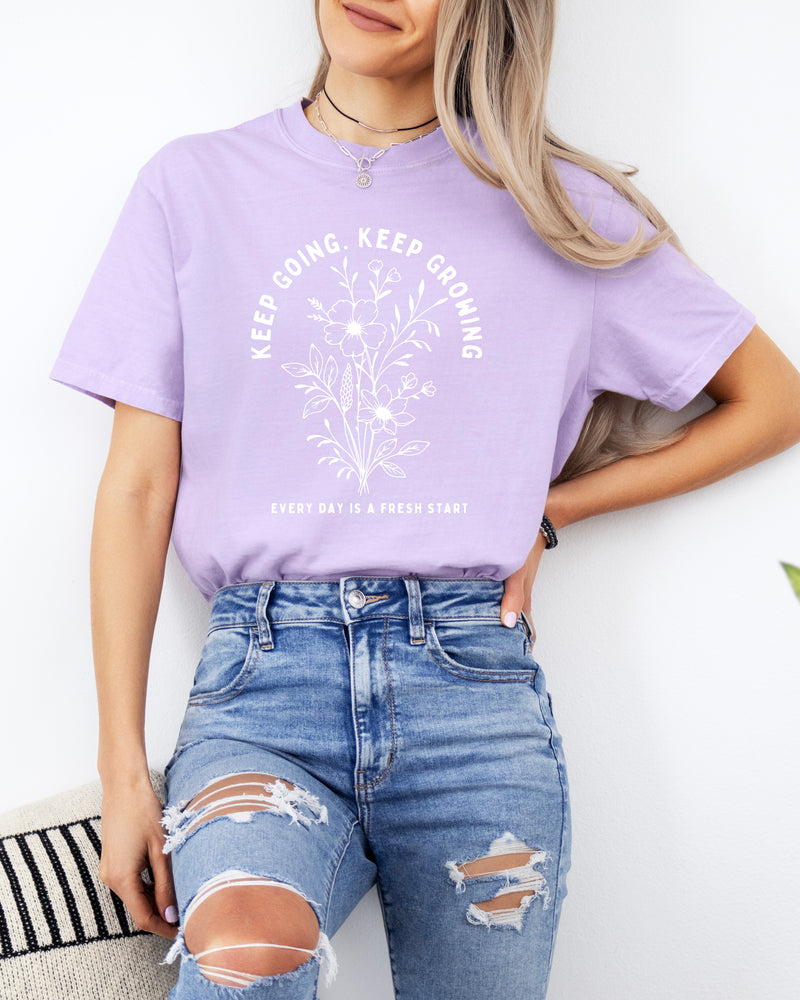 Keep Growing Botanical Garment-Dyed T-Shirt, Inspirational Plant Gift for Women