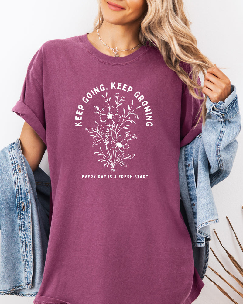 Keep Growing Botanical Garment-Dyed T-Shirt, Inspirational Plant Gift for Women