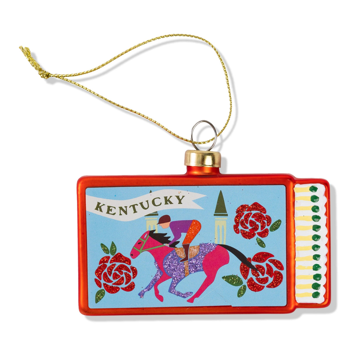 Matchbook-shaped Kentucky ornament with gold cord and red decorative cover