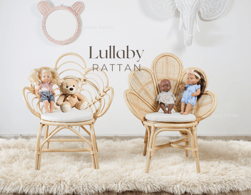 Pink rattan bear-ear mirror shown above two woven chairs