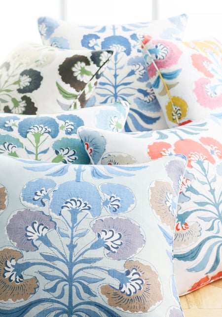 Lavender and blue botanical pillow cover with bird-and-flower motifs