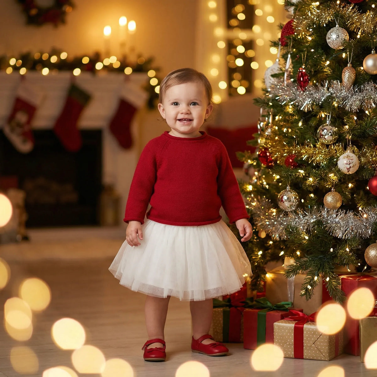 Red rollneck knit baby sweater with long sleeves worn by child.