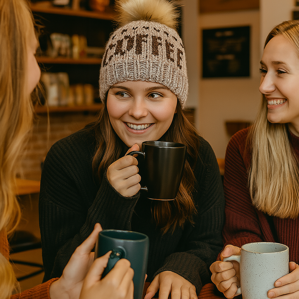 Gray beanie with coffee word knit pattern and faux-fur pom-pom