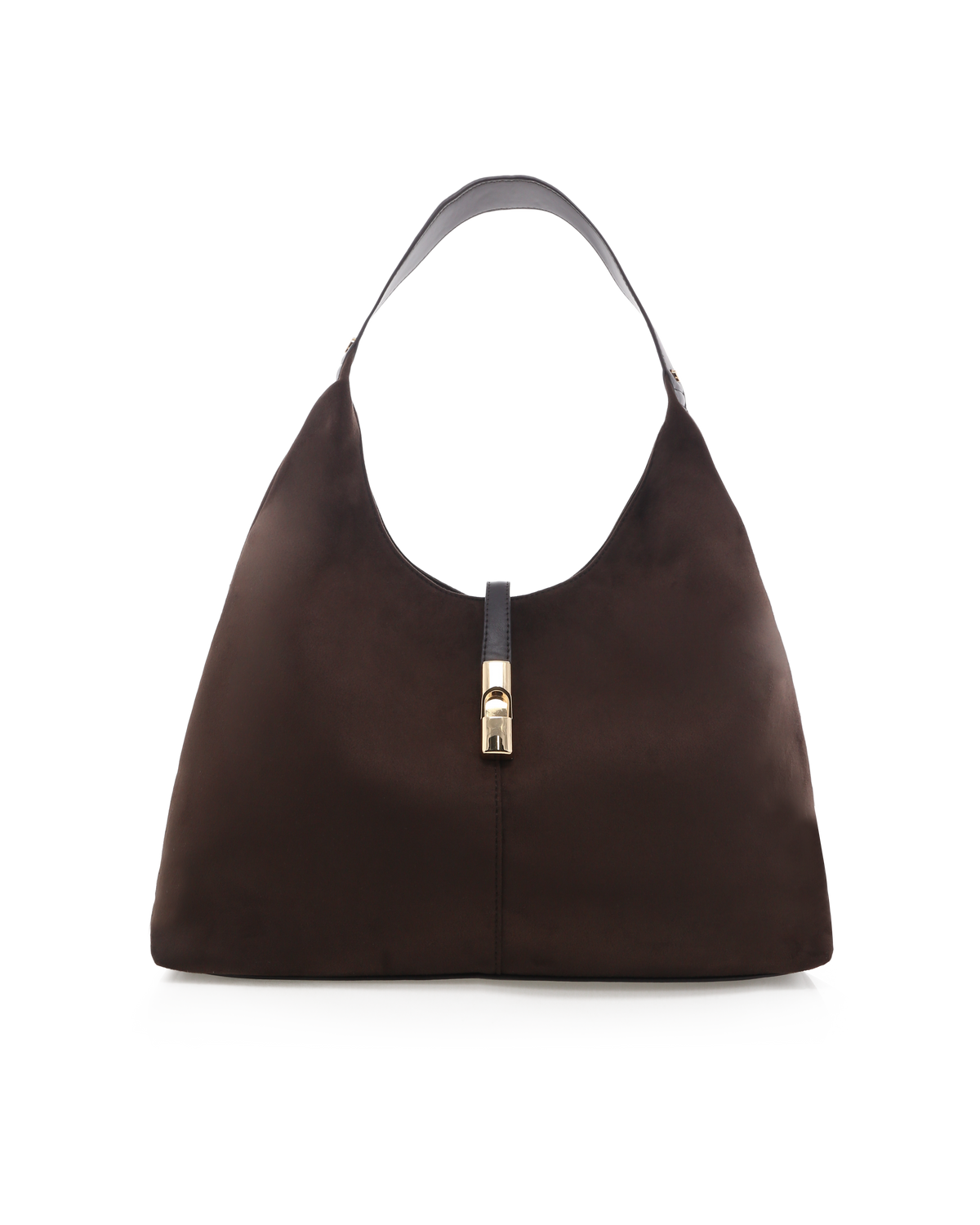 Chocolate suede hobo shoulder bag with top handle and central gold clasp