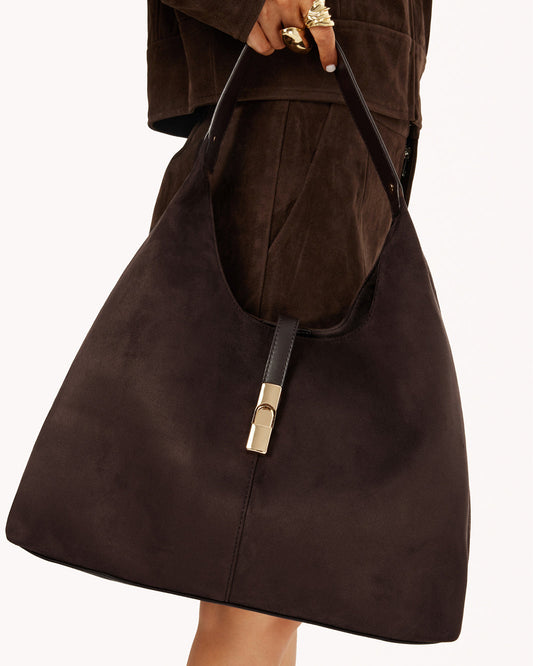 Chocolate suede-look hobo shoulder bag with top handle and gold front clasp detail