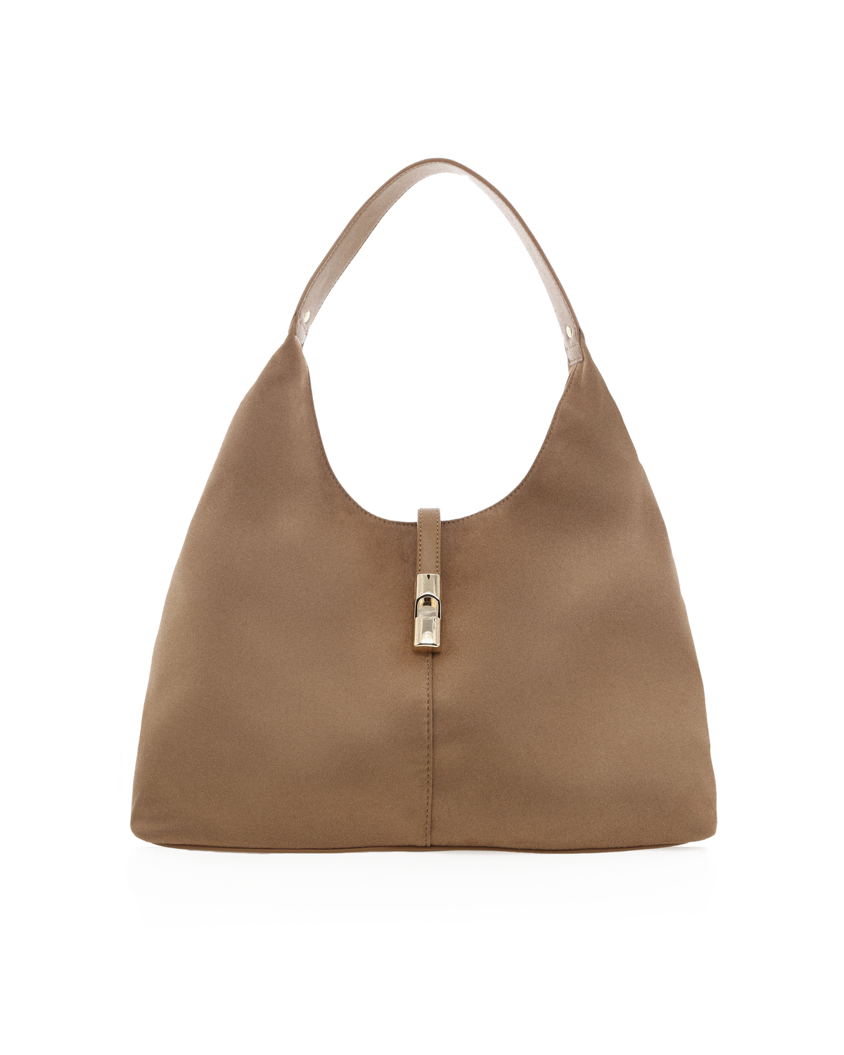 Sandstone suede hobo shoulder bag with top handle and central gold clasp