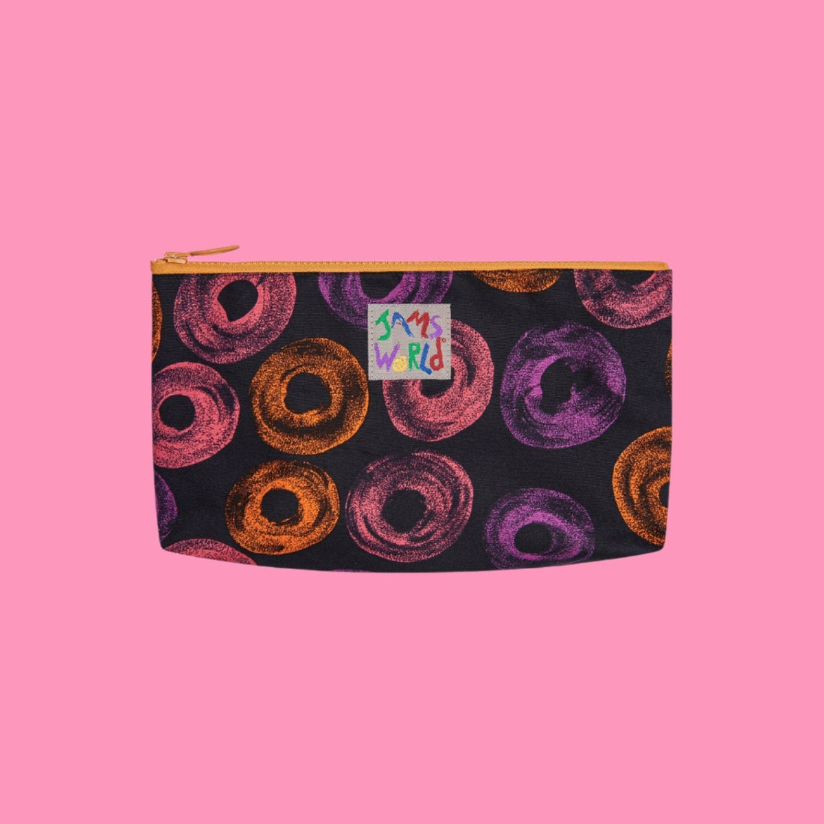 Neon donut print lined zip pouch, gold zipper and rectangular front panel