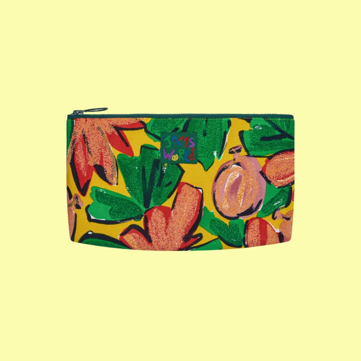 Lined zip pouch with yellow floral leaf print and top zipper closure