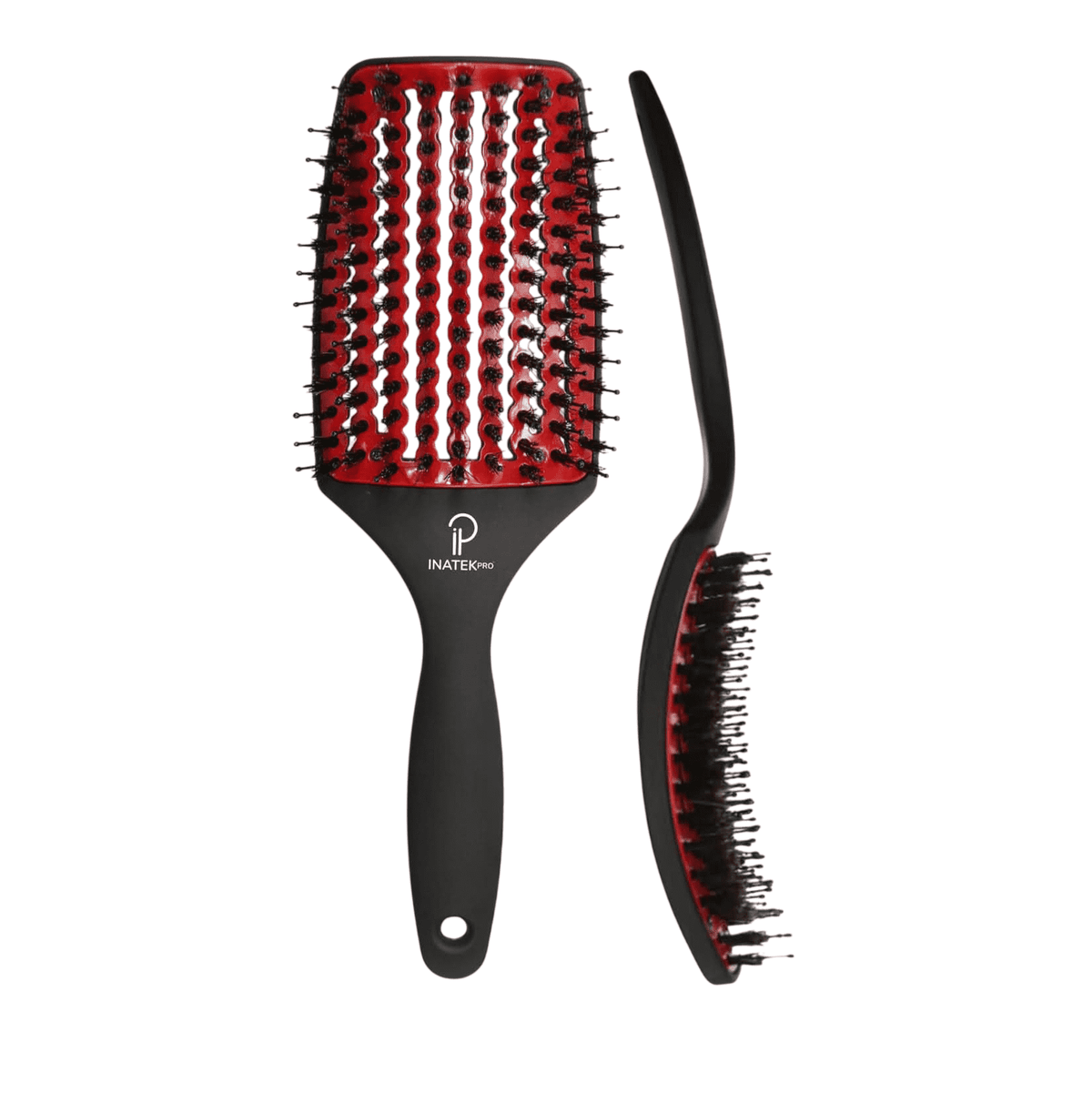 Red vented paddle detangler brush with black handle and boar bristles